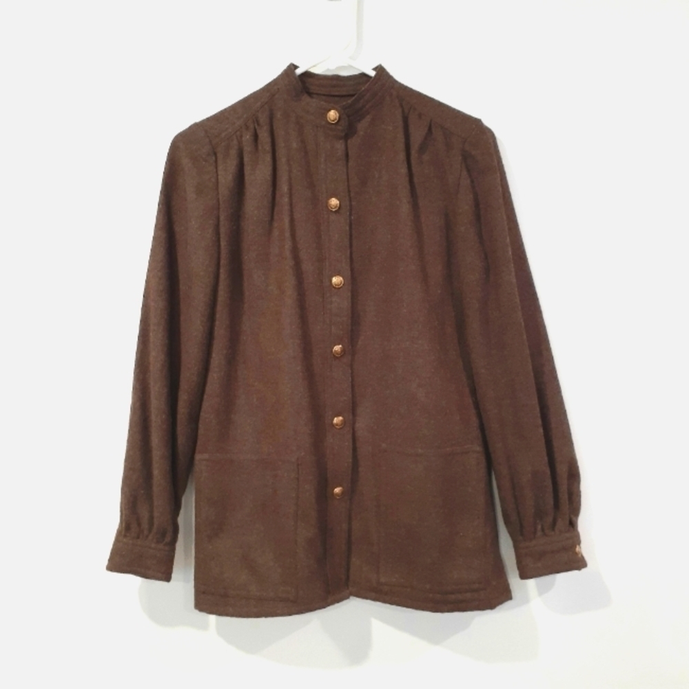 Vintage Brown Button-Front Stand Collar Jacket